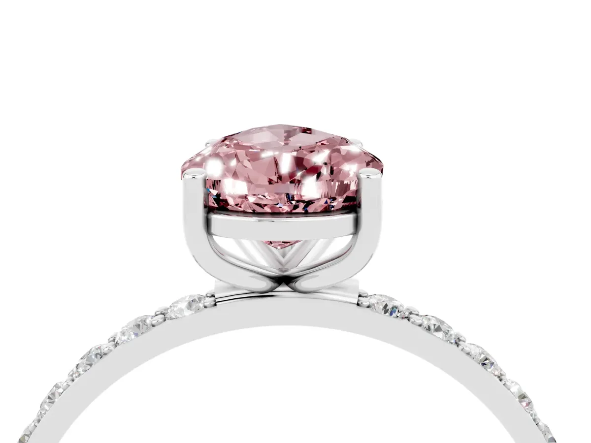 Pear Cut Morganite Solitaire Ring with Round Pavé Band and Prong Setting Platinum