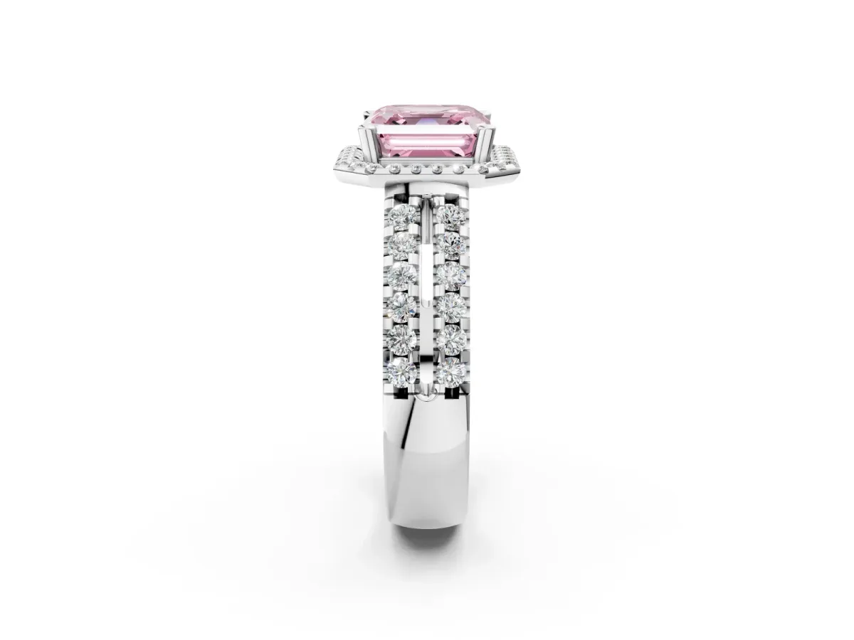 Fancy Pink Asscher Cut Halo Diamond Split Shank Engagement Ring with Prong Setting Platinum