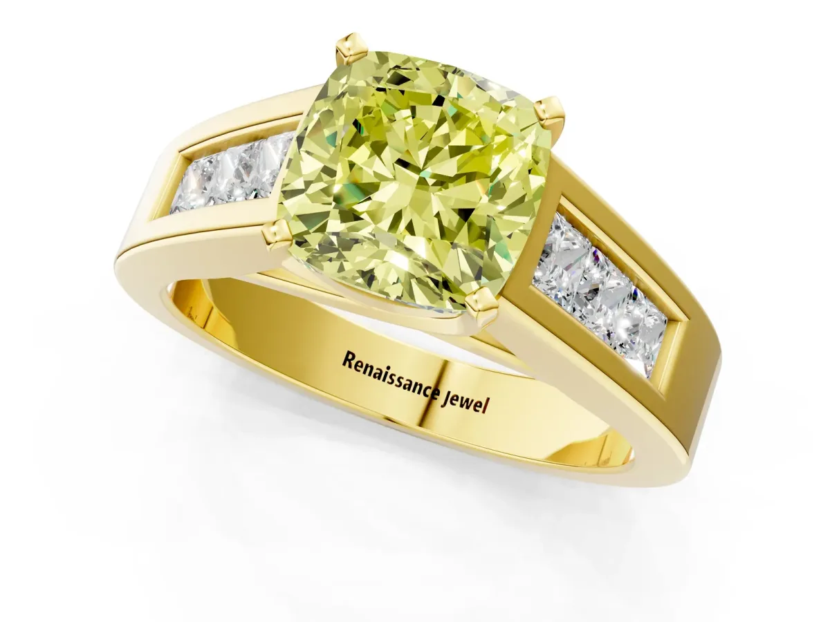 Fancy Yellow Cushion Cut Cut Channel Set Solitaire Ring with Four-Prong Setting Yellow gold