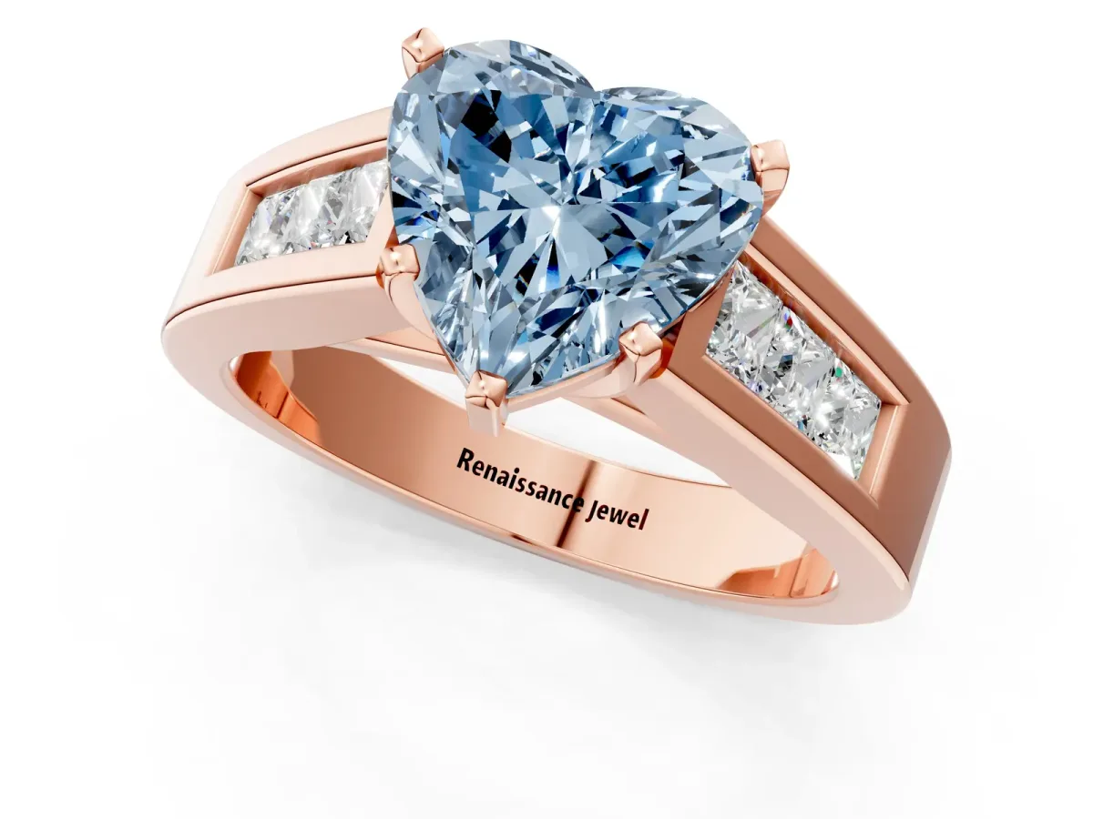 Fancy Blue Heart Cut Cut Channel Set Solitaire Ring with Four-Prong Setting Rose gold
