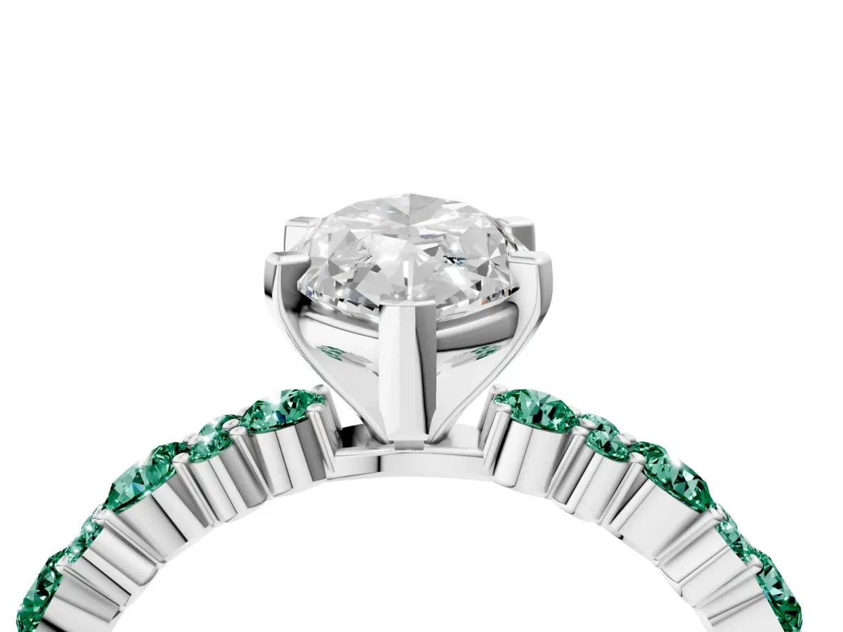 Marquise Cut Diamond Side Stone Solitaire Ring with Round Green Sapphire and Four-Prong Setting Silver