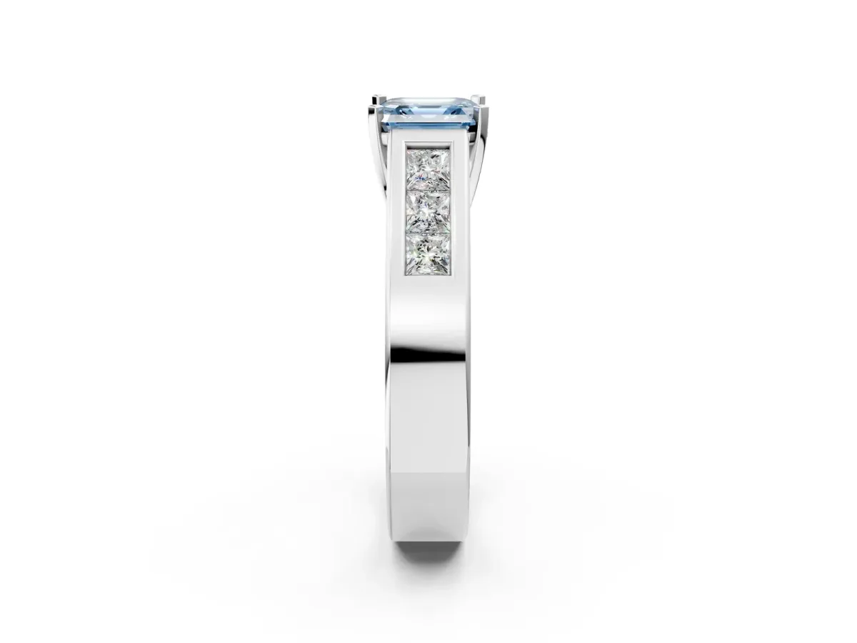 Fancy Blue Asscher Cut Cut Channel Set Solitaire Ring with Four-Prong Setting Silver