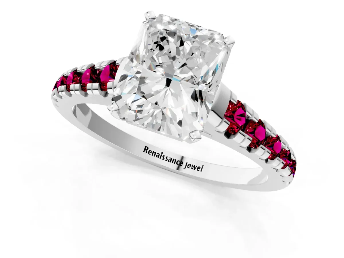 Radiant Cut Diamond Cathedral Solitaire Ring with Round Garnet Pavé Band Silver