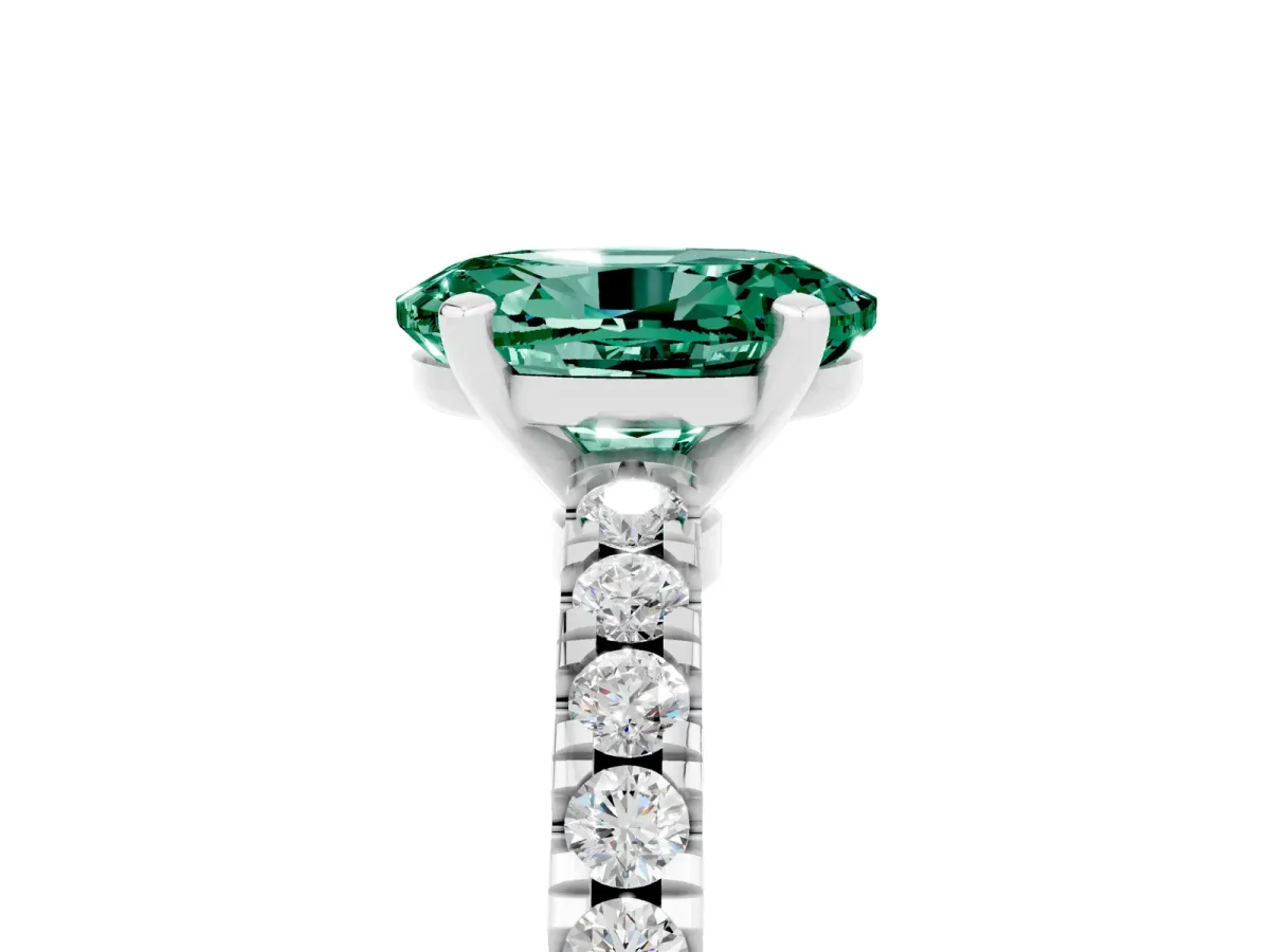 Oval Cut Solitaire Green Sapphire with Pavé Band and Four-Prong Setting Silver
