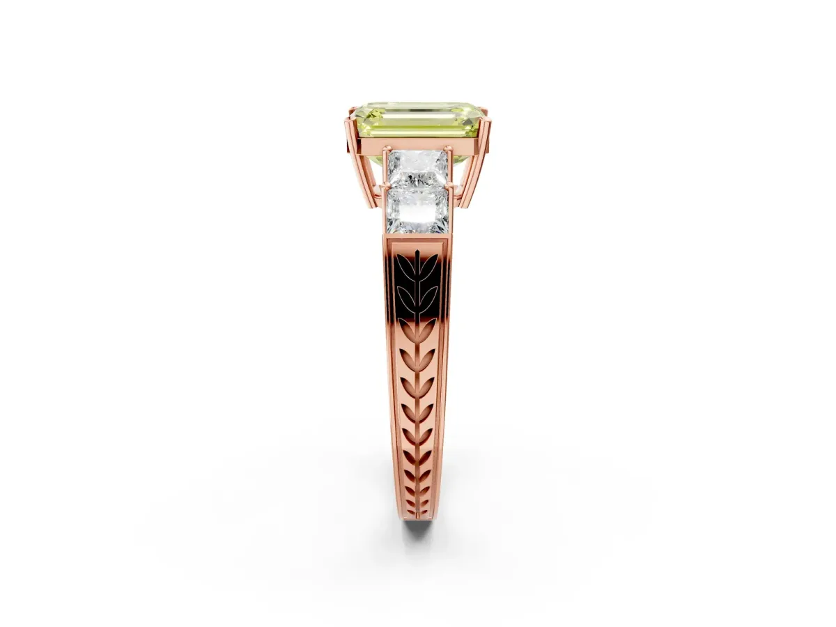 Fancy Yellow Emerald Cut Solitaire Princess Side Stone Engraved Band Prong Setting Ring Rose gold