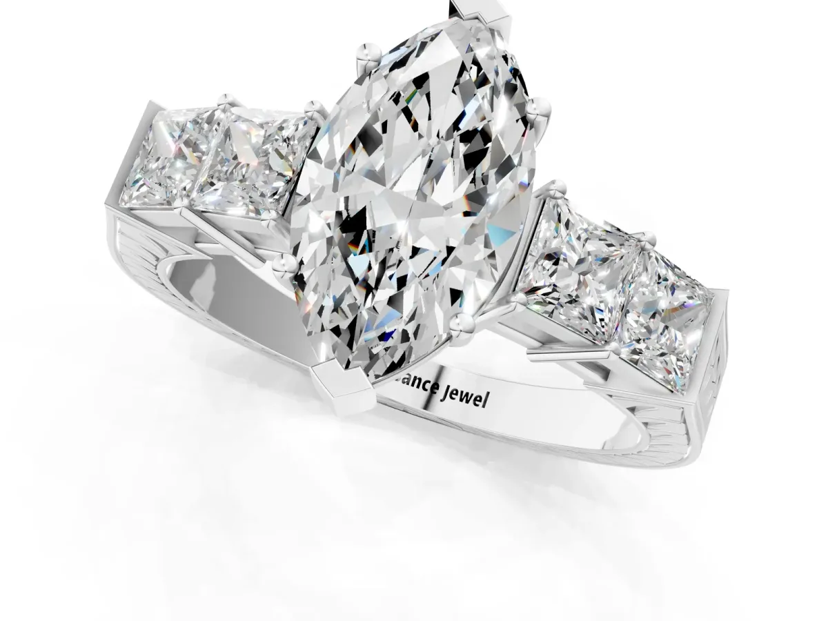 Marquise Cut Solitaire Princess Side Stone Engraved Band Prong Setting Ring Silver