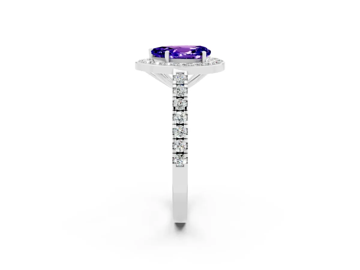 Pear Cut Tanzanite Halo Ring with Round Pavé Split Shank and Prong Setting Platinum