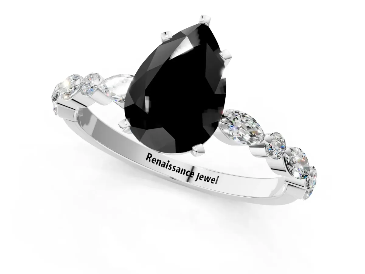 Fancy Black Pear Cut Diamond Ring with Marquise and Round Side Stones and Four-Prong Setting Silver