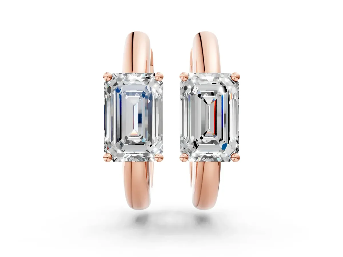 Emerald Diamond Solitaire Huggie Hoop Earrings Rose gold