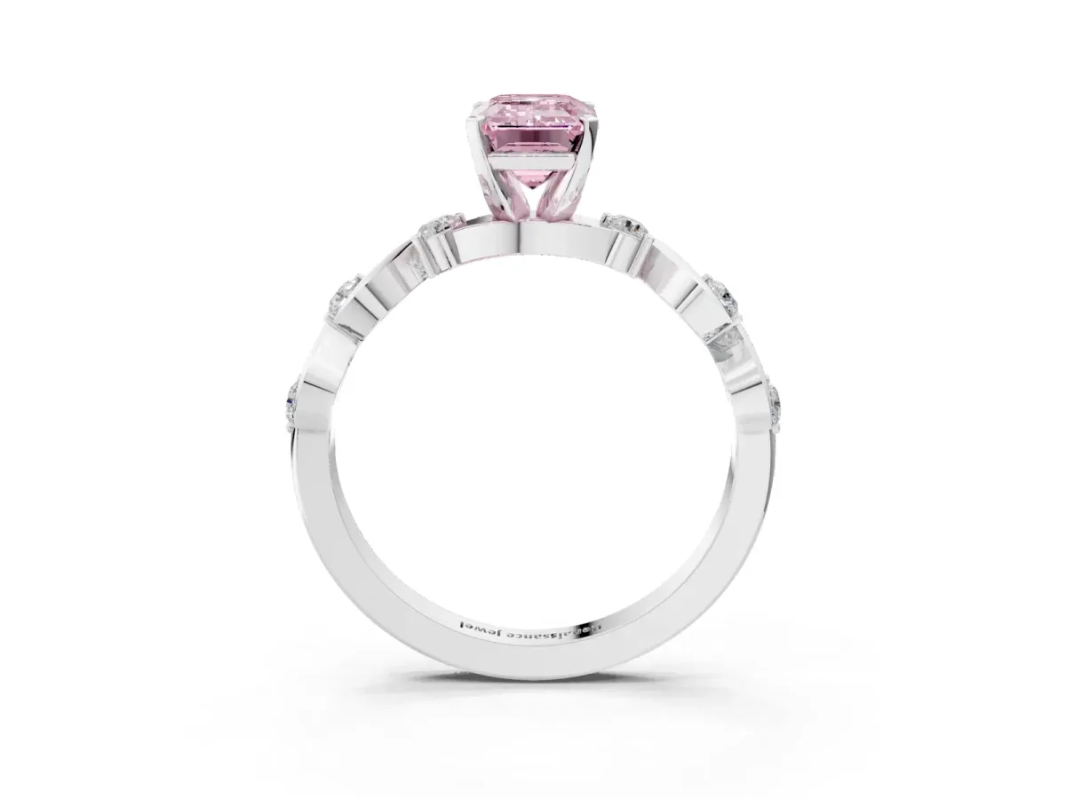 Fancy Pink Emerald Cut Diamond Solitaire Twisted Band with Round Accents and Prong Setting Silver