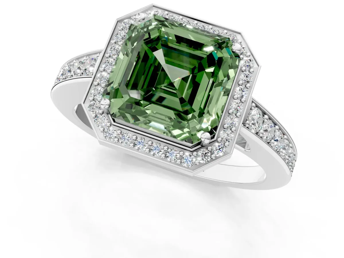 Fancy Green Asscher Cut Halo Pavé Diamond Engagement Ring with Bezel Setting Silver