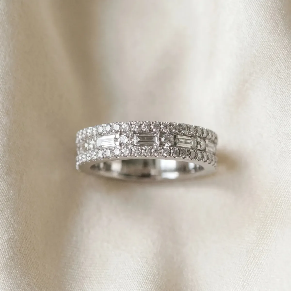 Pave Round and Baguette Diamond Eternity Band with Channel and Prong Setting Silver