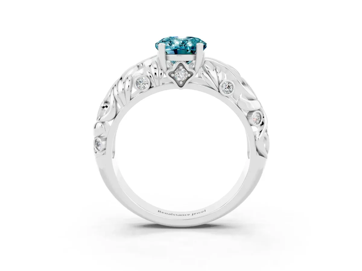 Oval Cut Solitaire Blue Topaz Leaf-Inspired Vine Band Ring with Prong Setting White gold