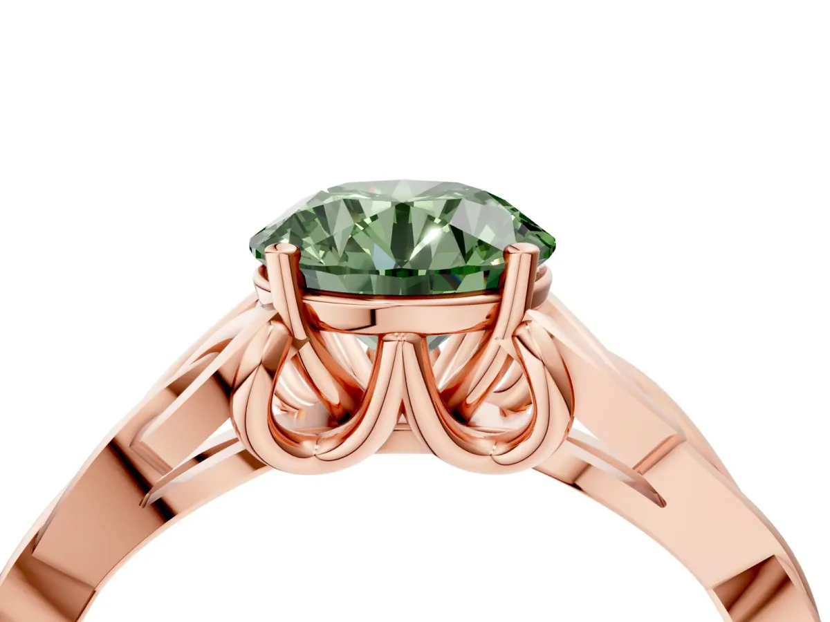 Fancy Green Round Cut Diamond Solitaire Celtic Knot Ring with Four-Prong Setting Rose gold