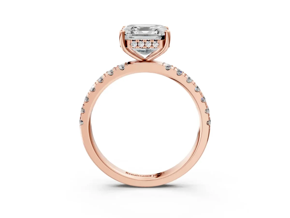 Asscher Cut Diamond Pave Band Solitaire Ring with Round and Prong Setting Rose gold