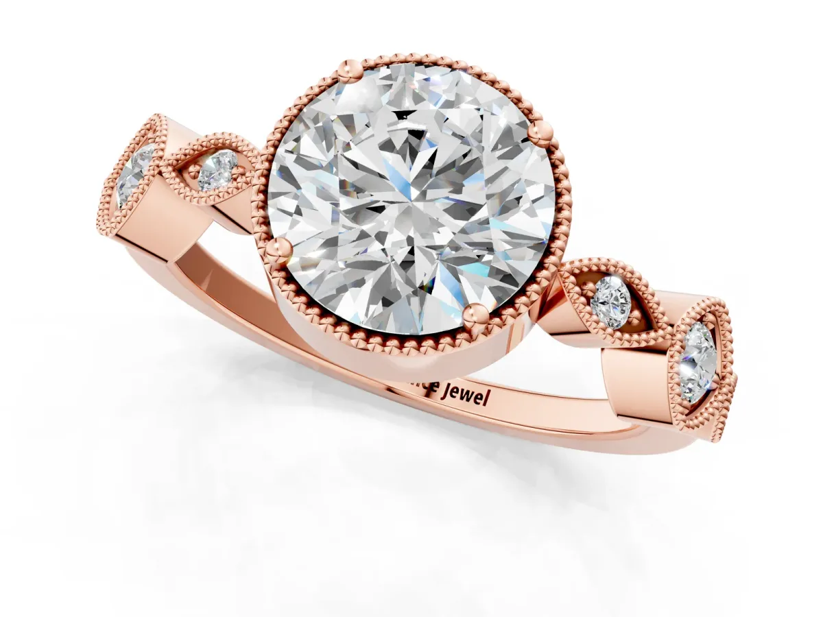 Round Cut Diamond Vintage Milgrain Ring with Round Stations Rose gold