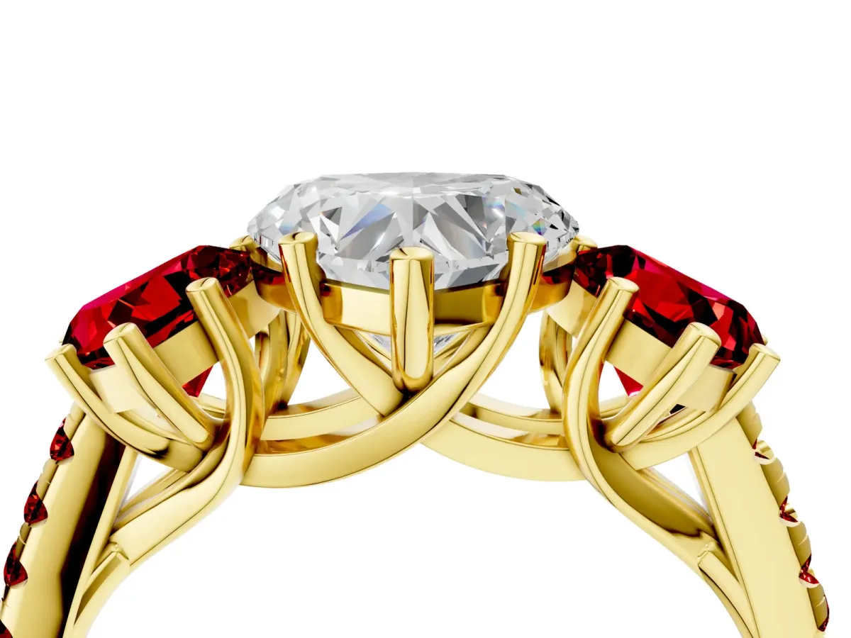 Three-Stone Heart Cut Diamond Ring with Round Ruby Pavé Band and Prong Setting Yellow gold