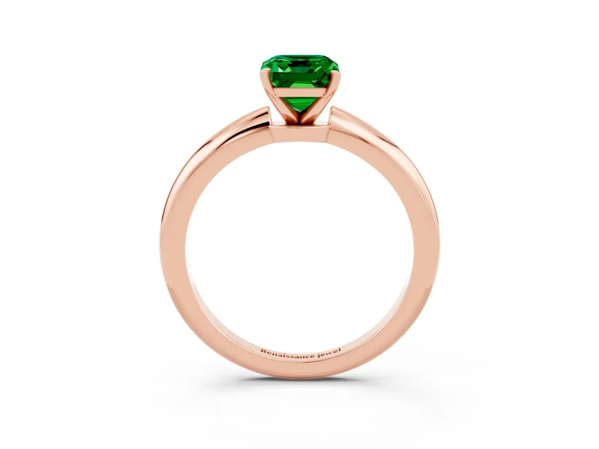 Emerald Cut Emerald Solitaire Ring with Six-Prong Setting and Classic Band Rose gold