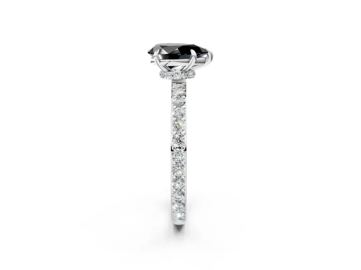 Fancy Black Pear Cut Diamond Solitaire Engagement Ring with Pavé Band and Four-Prong Setting Silver