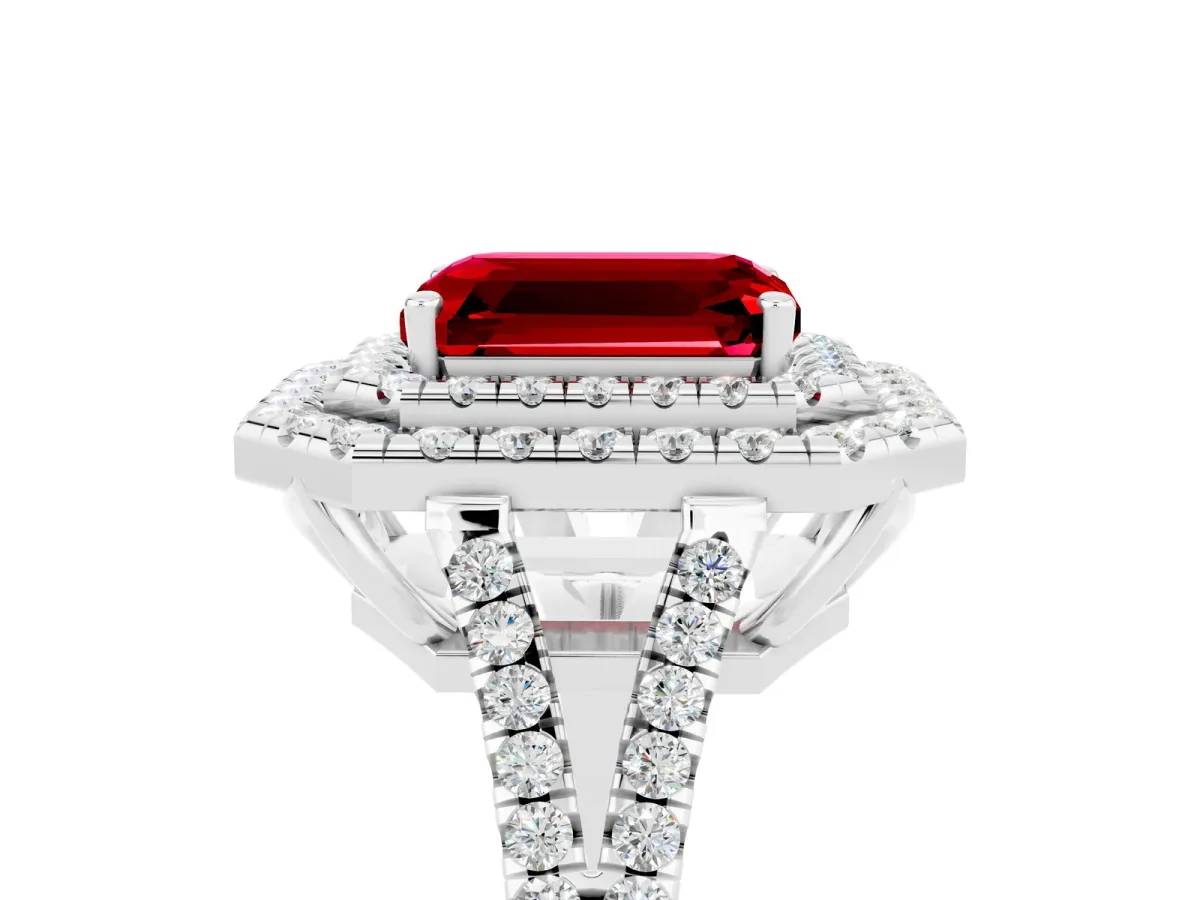 Emerald Cut Ruby Double Halo Ring with Pavé Band and Prong Setting White gold