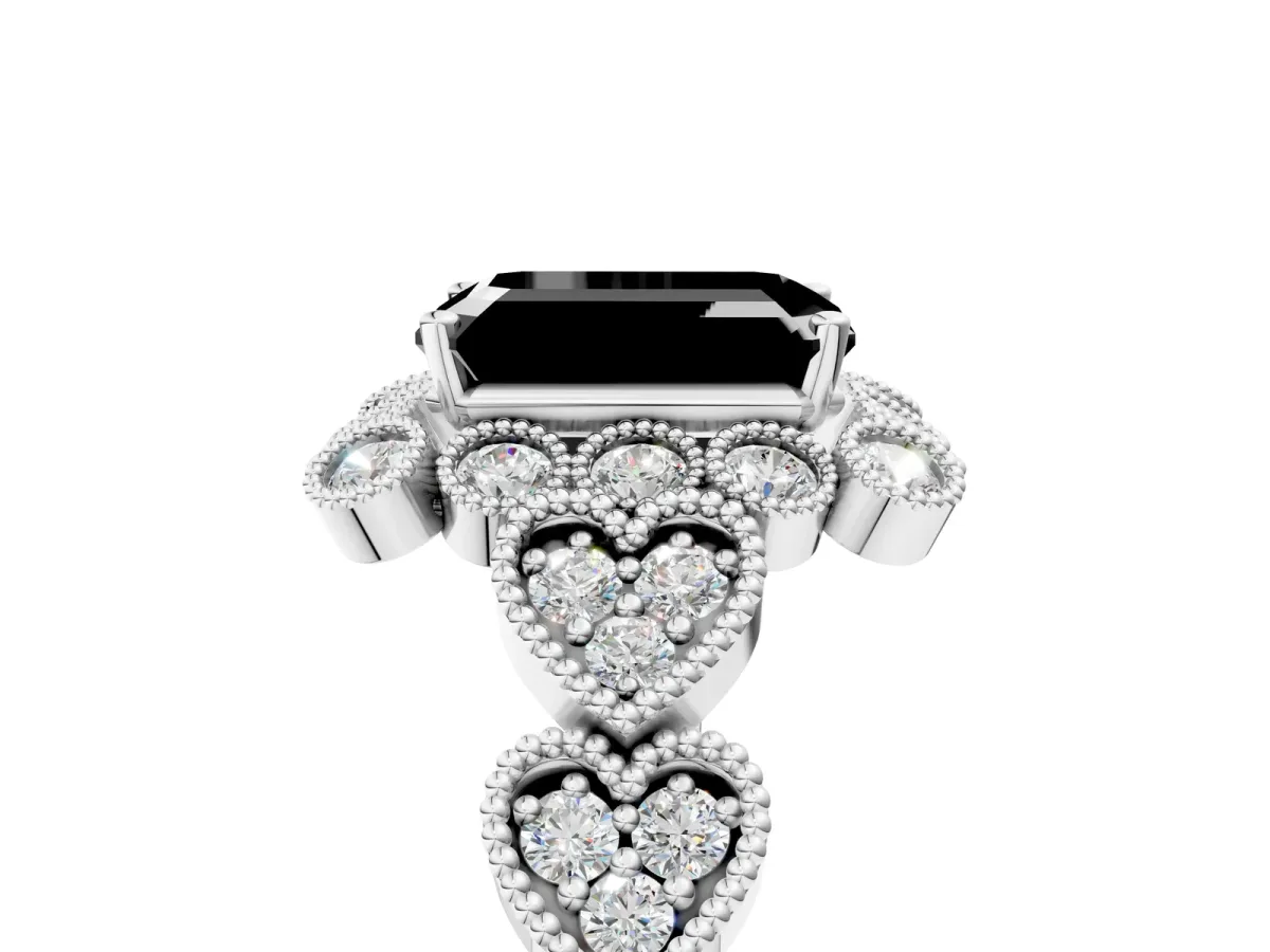 Fancy Black Emerald Cut Brilliant Milgrain Pave Heart Band Solitaire Ring Platinum