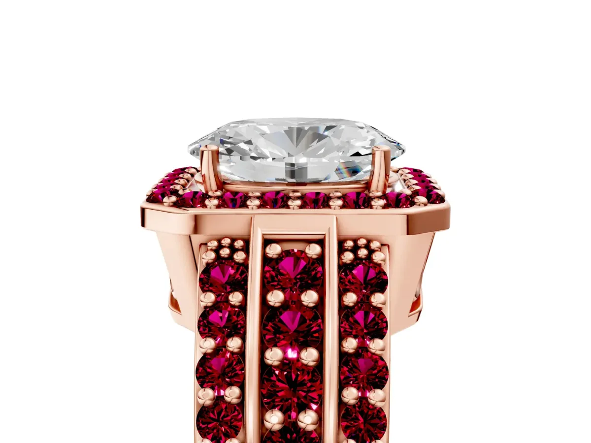 Oval Cut Halo Diamond Ring with Round Garnet Split Shank and Prong Setting Rose gold