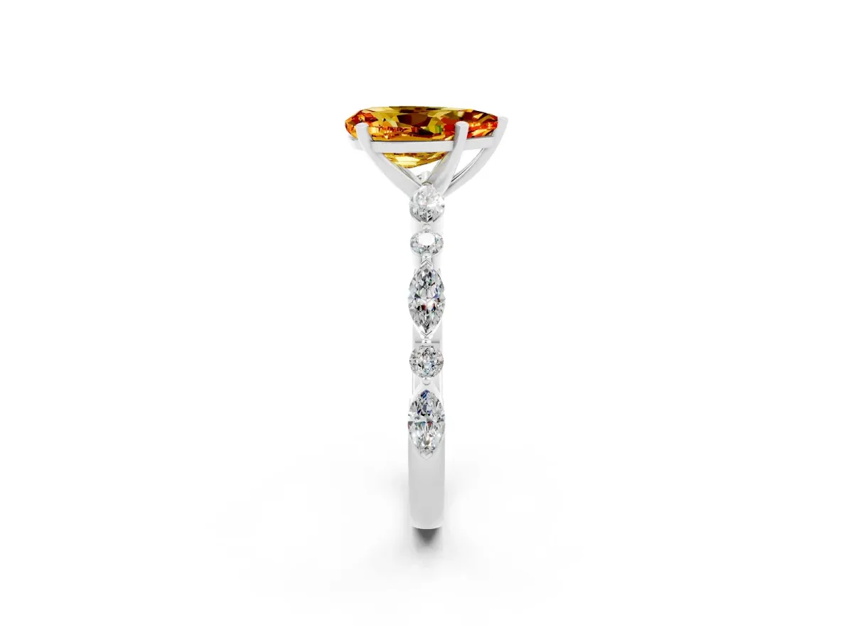 Pear Cut Citrine Ring with Marquise and Round Side Stones and Four-Prong Setting Silver