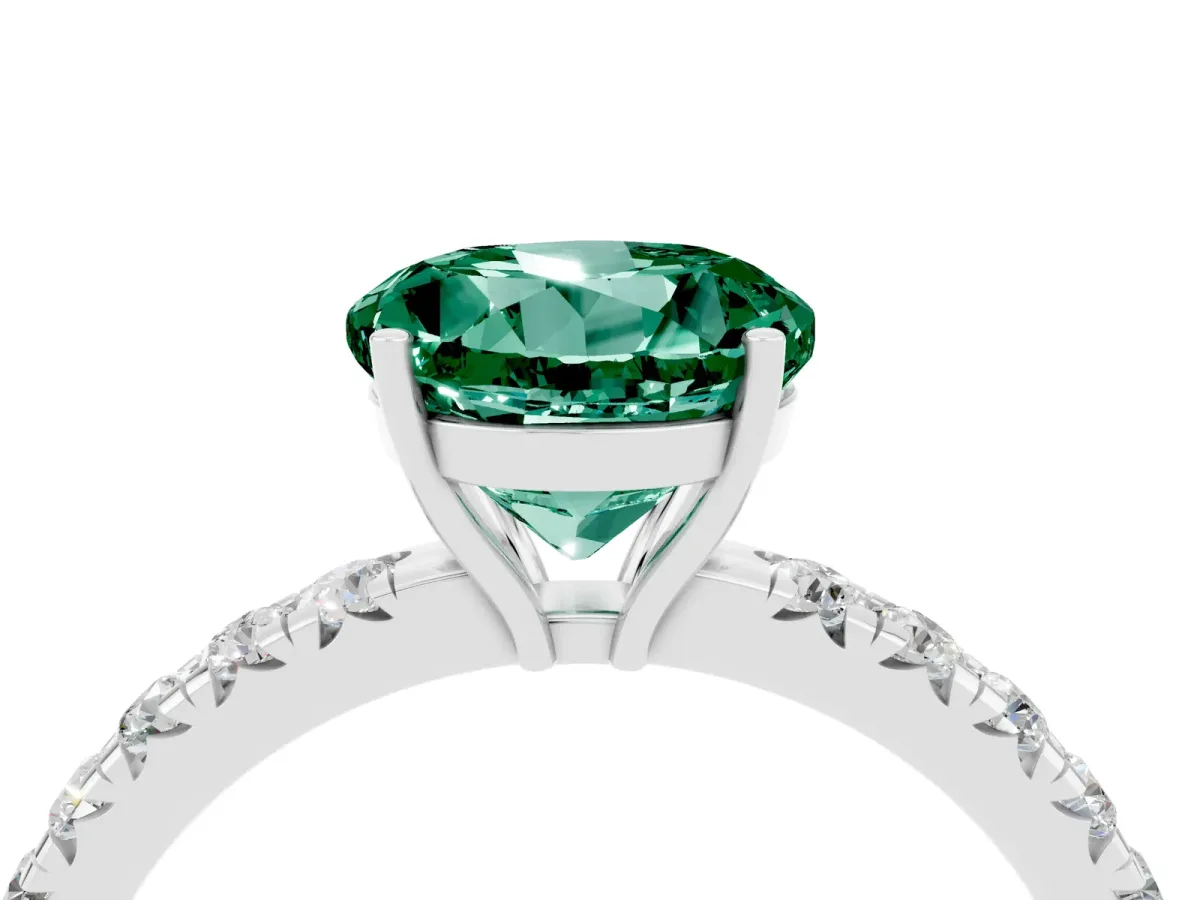 Round Cut Green Sapphire Pavé Solitaire Engagement Ring with Four-Prong Setting Silver
