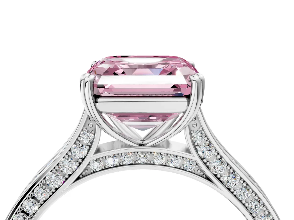 Fancy Pink Asscher Cut Diamond Solitaire with Pave Band and Six-Prong Setting Platinum
