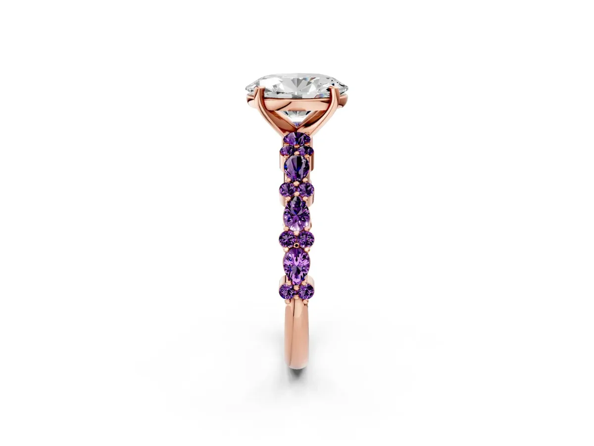 Oval Cut Diamond Side Stone Solitaire Ring with Round Amethyst and Four-Prong Setting Rose gold