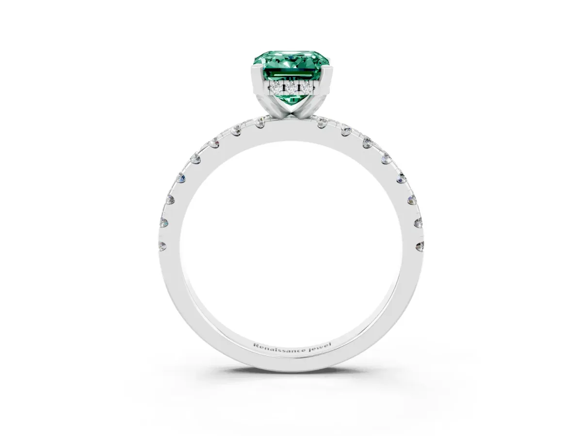 Emerald Cut Green Sapphire Solitaire Ring with Round Pavé Band and Four-Prong Setting Silver
