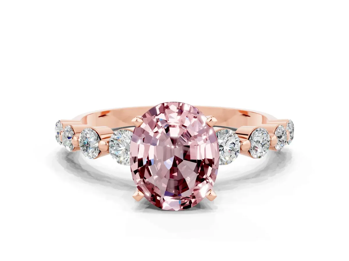 Oval Cut Solitaire Morganite Ring with Pave Band and Four-Prong Setting Rose gold