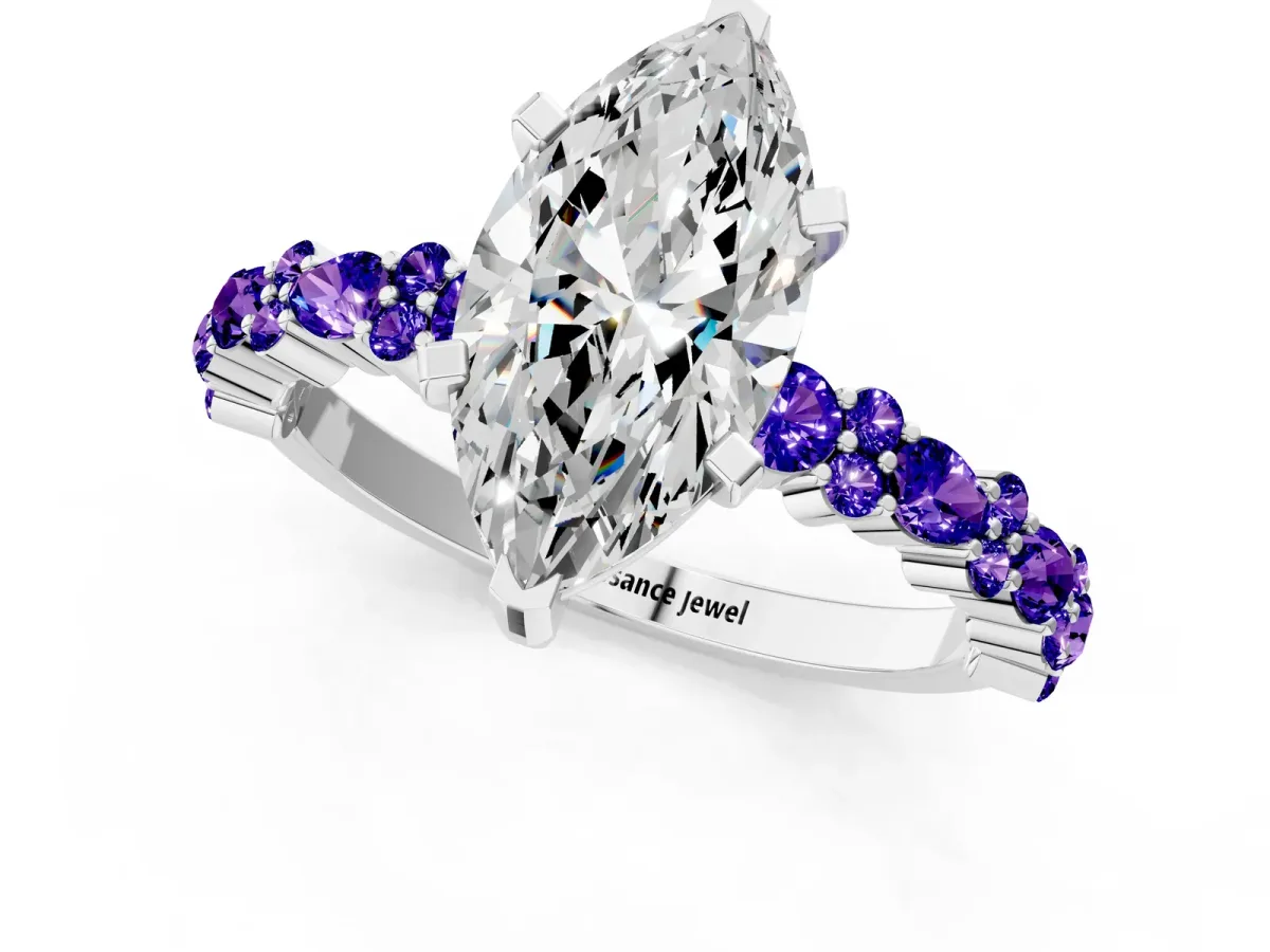 Marquise Cut Diamond Side Stone Solitaire Ring with Round Tanzanite and Four-Prong Setting Silver