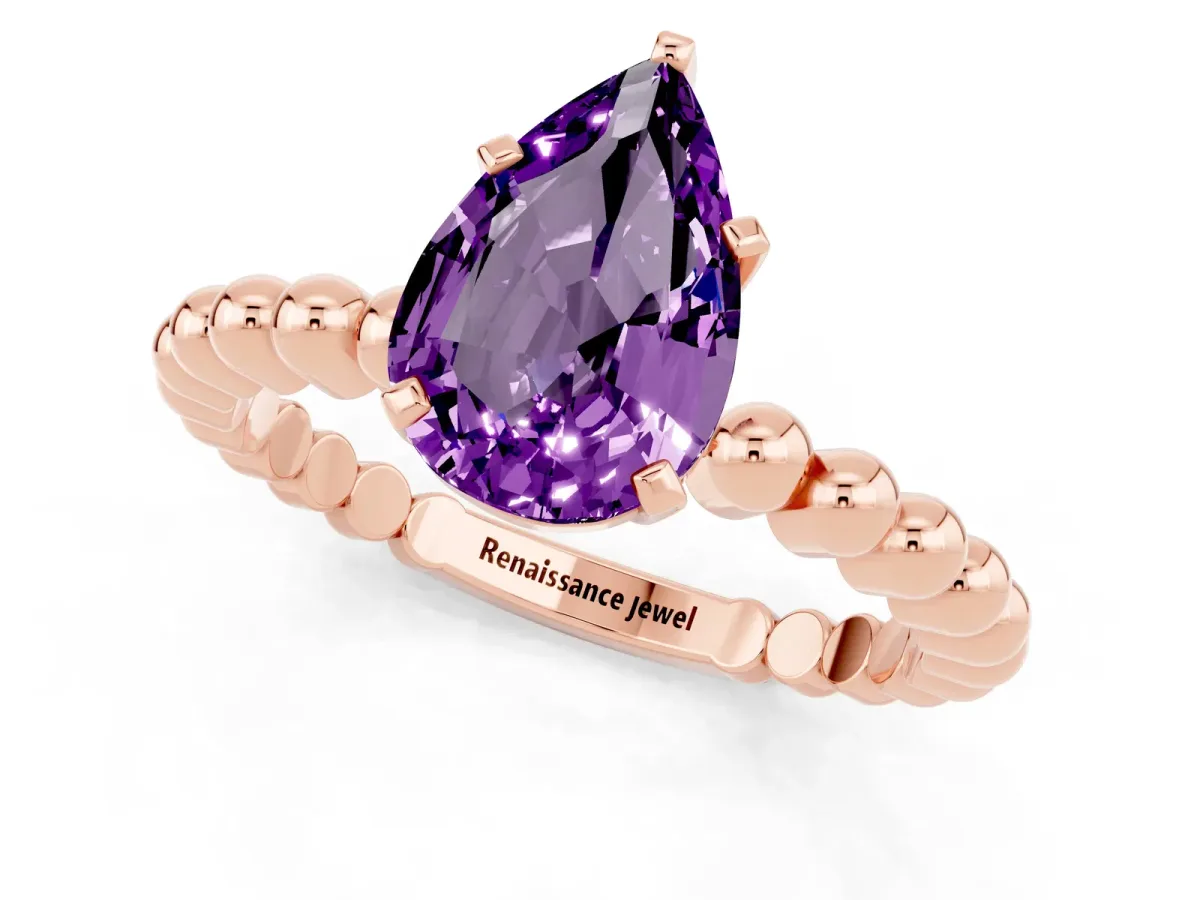 Pear Cut Amethyst Solitaire Ring with Beaded Band and Prong Setting Rose gold