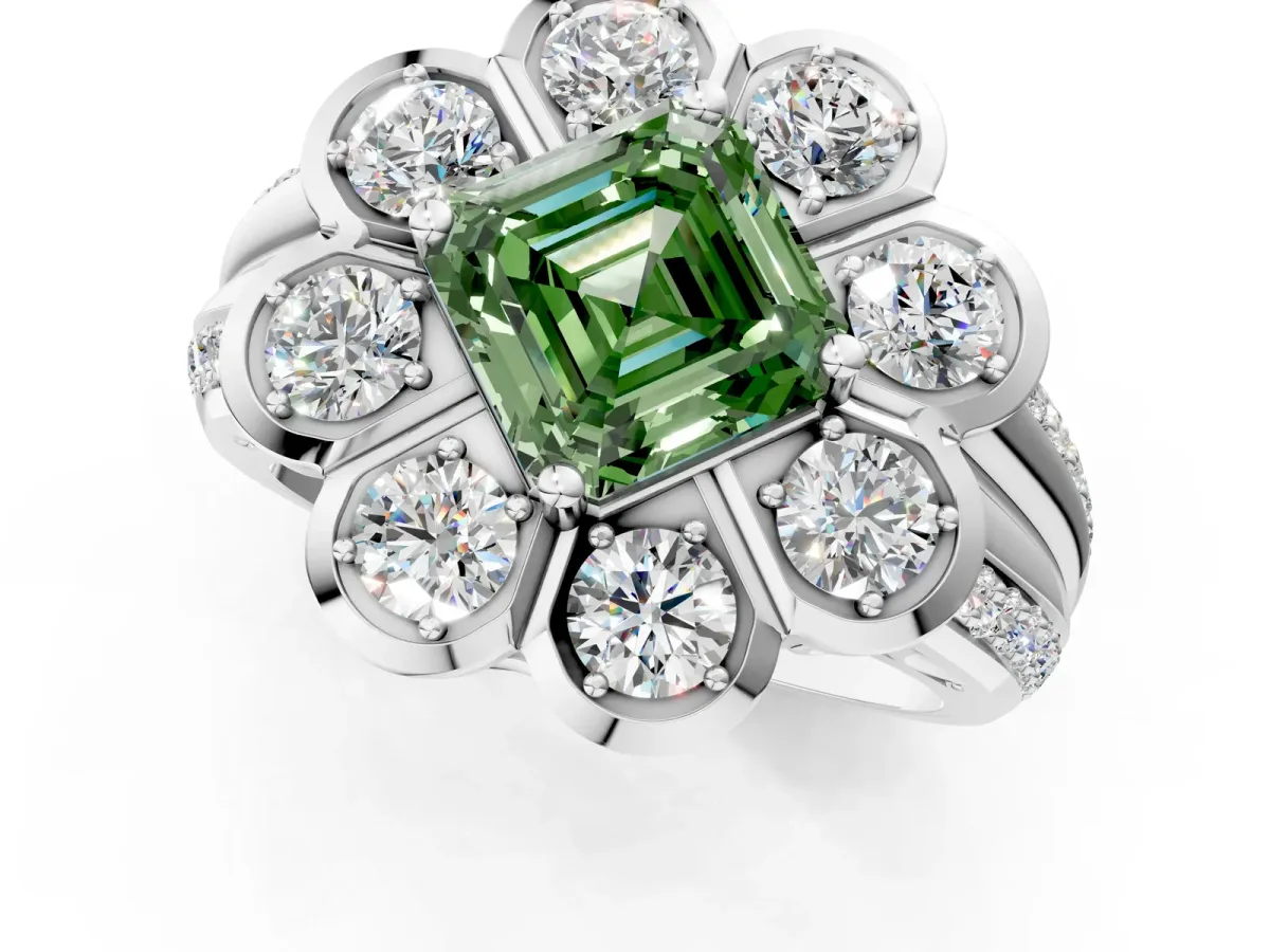 Fancy Green Asscher Cut Brilliant Flower Halo Diamond Split Shank Ring Platinum