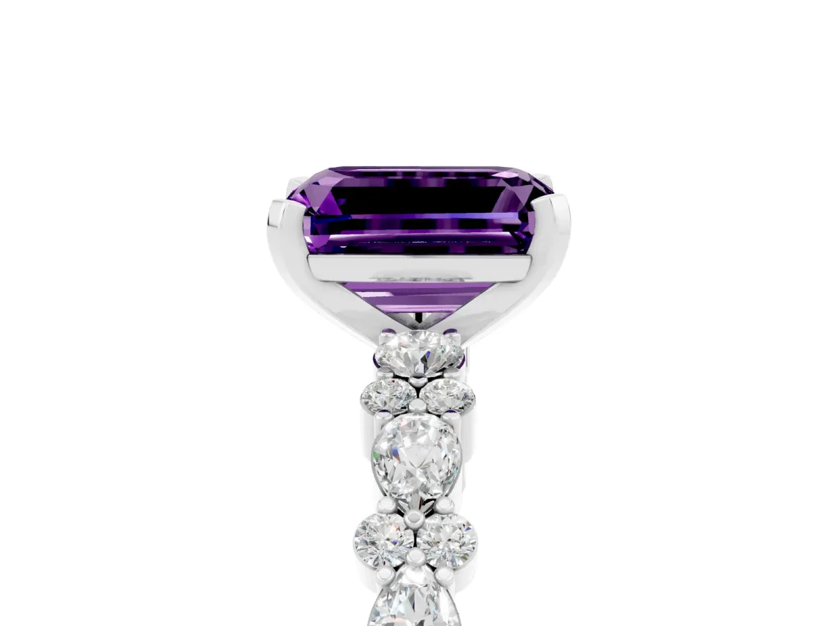 Emerald Cut Amethyst Side Stone Solitaire Ring with Round and Four-Prong Setting Silver