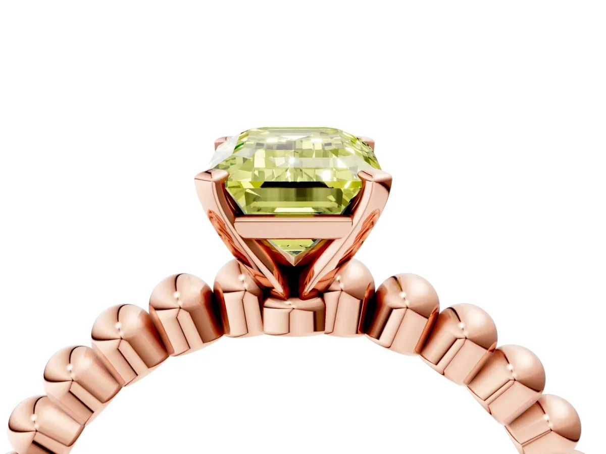 Fancy Yellow Emerald Cut Diamond Solitaire Ring with Beaded Band and Prong Setting Rose gold