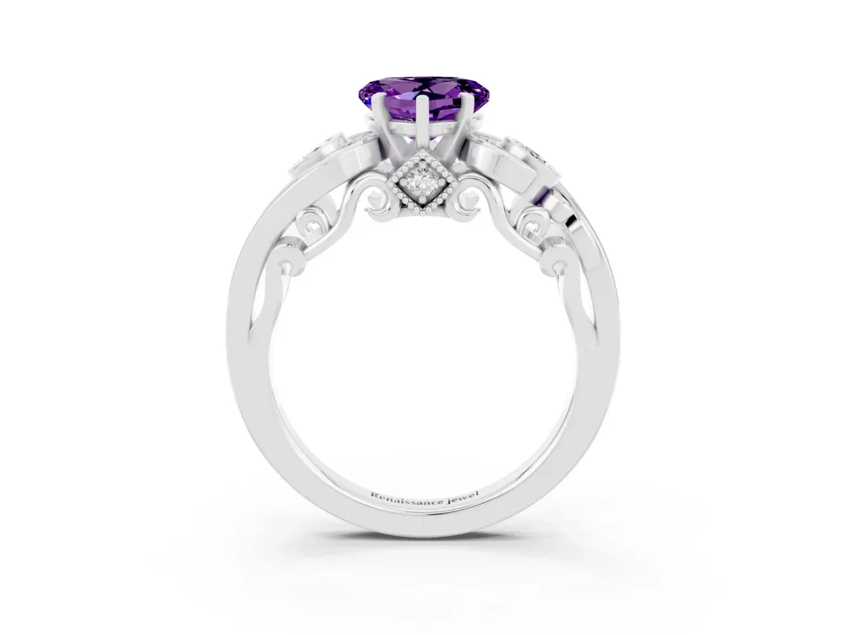 Heart Cut Amethyst Solitaire Ring with Milgrain Pavé Band and Four-Prong Setting Silver