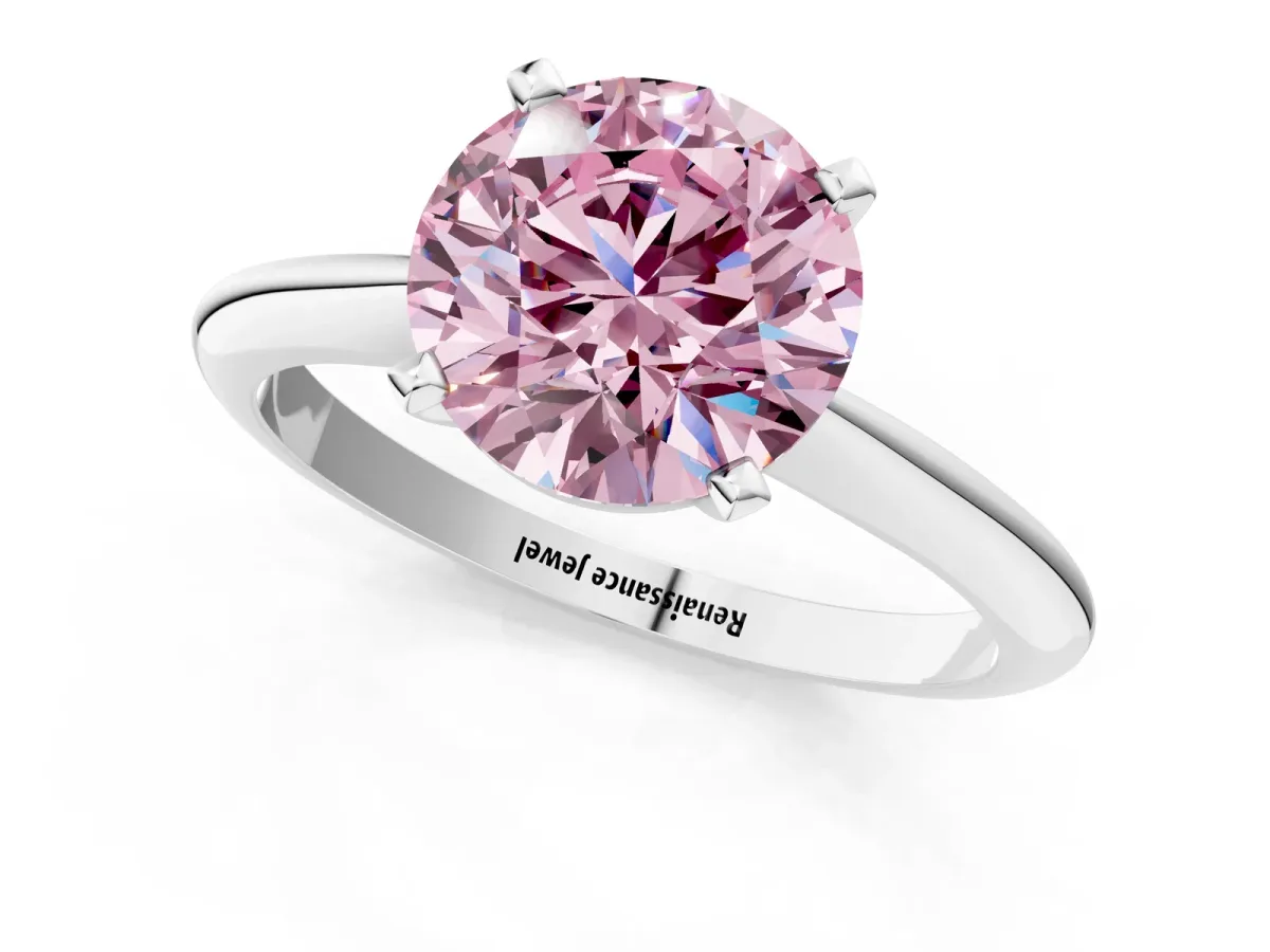 Fancy Pink Round Cut Diamond Solitaire Engagement Ring with Classic Band and Four-Prong Setting Silver