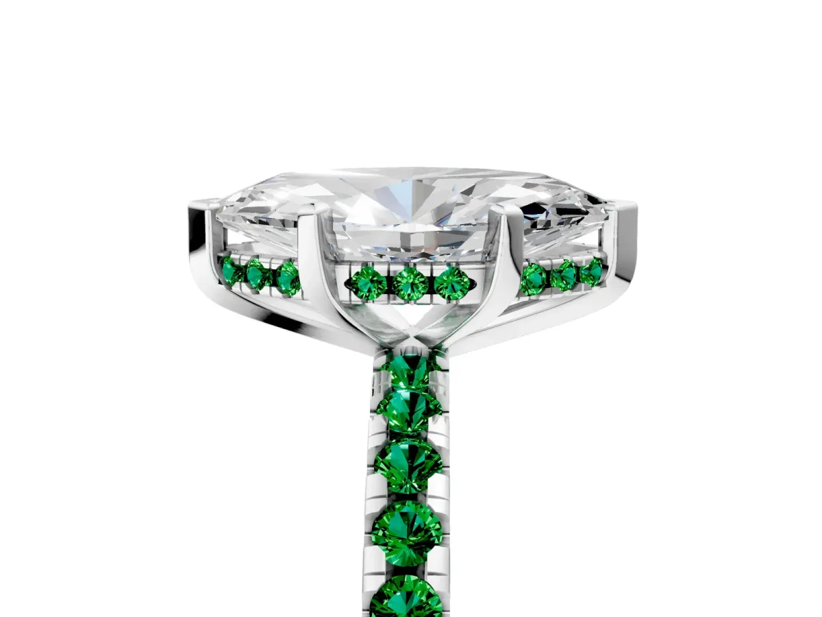 Marquise Cut Diamond Solitaire Ring with Round Emerald Pavé Band and Four-Prong Setting Silver