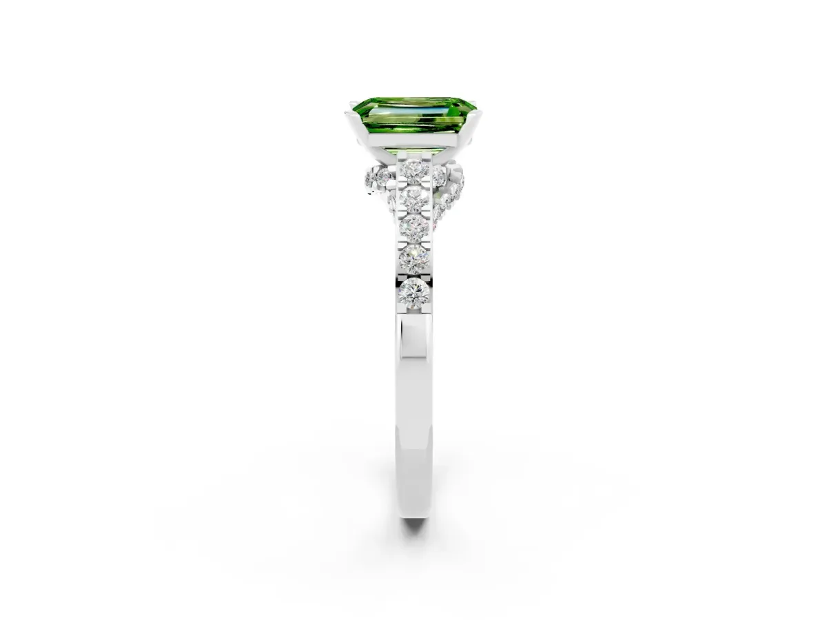 Emerald Cut Peridot Solitaire Ring with Crossover Gallery and Round Pavé Band Silver