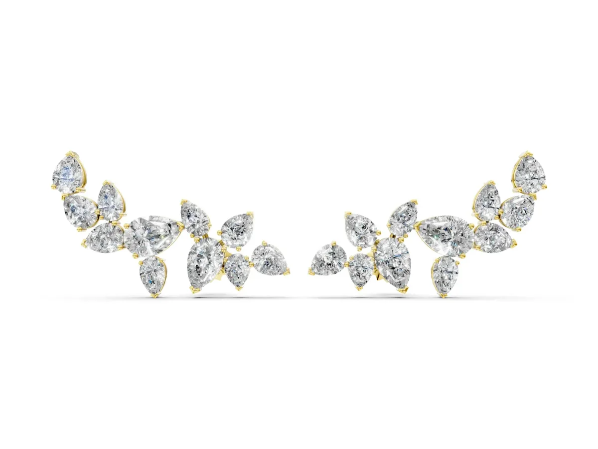 Pear Diamond Curved Cluster Climber Earrings Yellow gold
