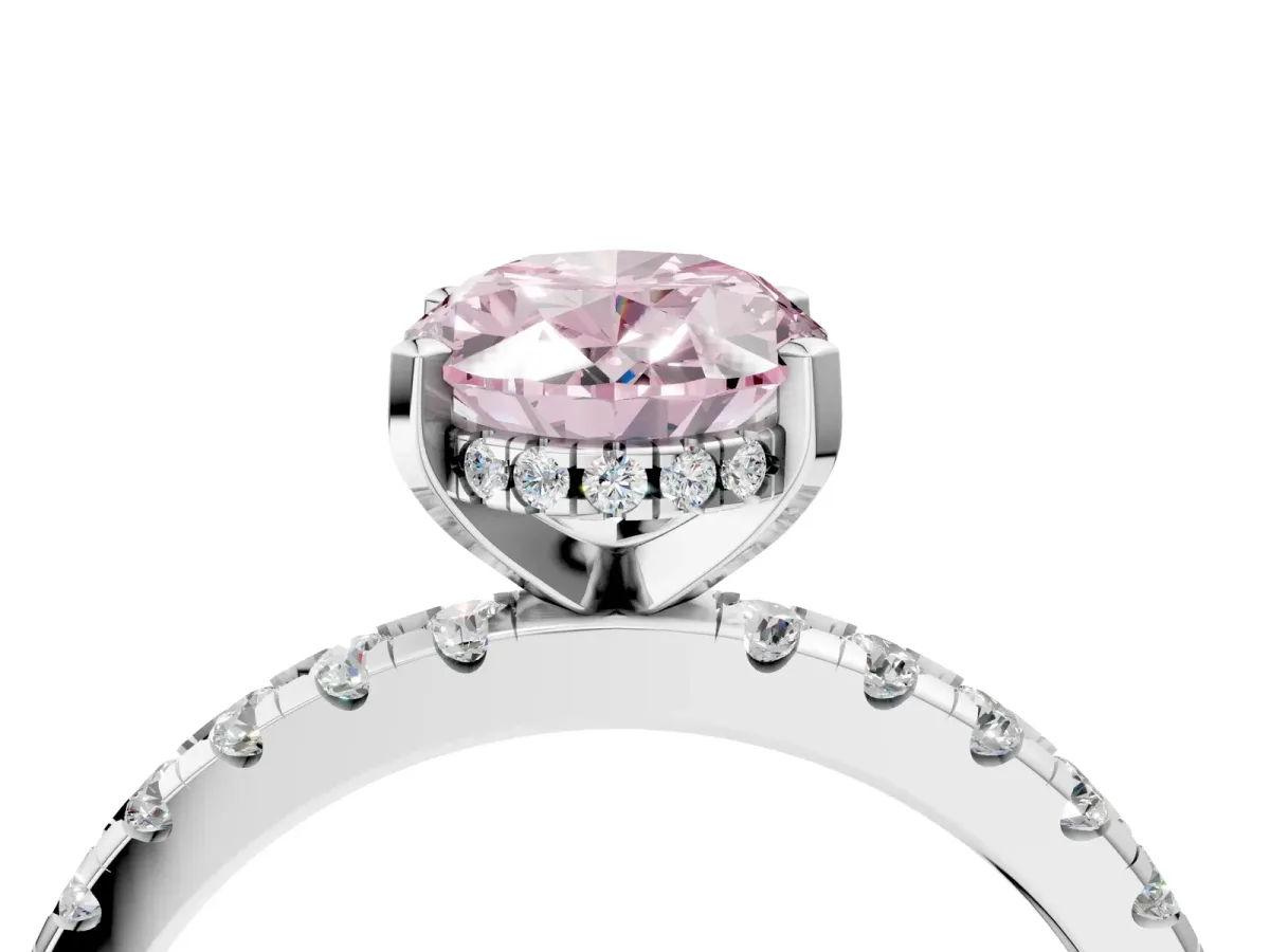 Fancy Pink Oval Cut Diamond Solitaire Ring with Round Pavé Band and Four-Prong Setting Silver