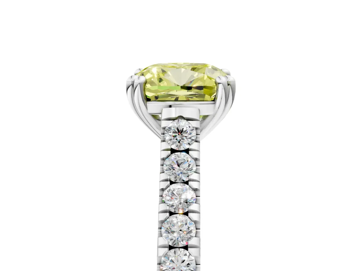 Fancy Yellow Cushion Cut Solitaire Pave Diamond Engagement Ring with Prong Setting White gold