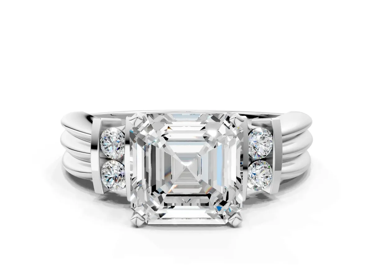 Asscher Cut Cut Three-Stone Channel Set Ring with Bar Prongs Platinum