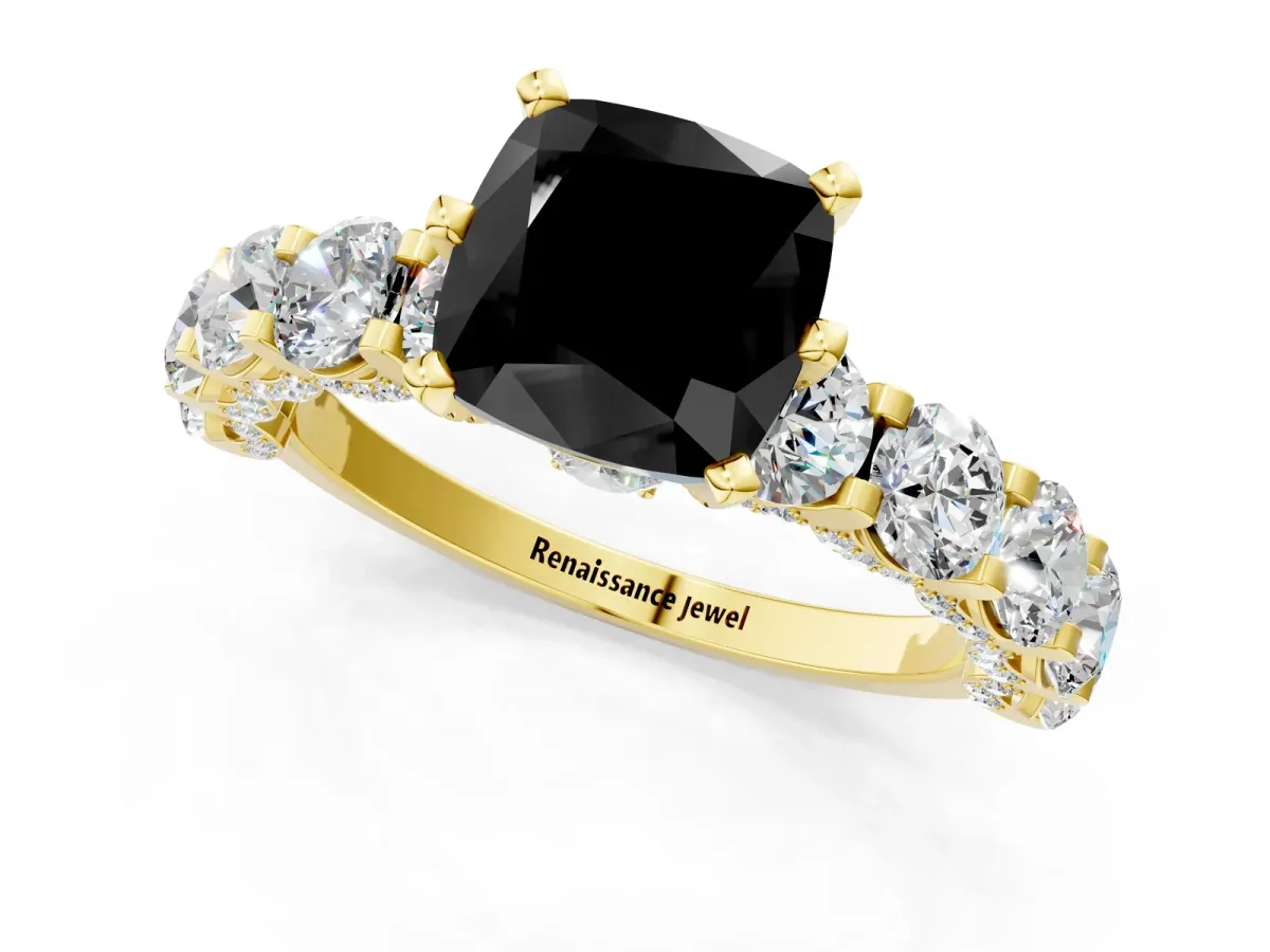 Fancy Black Cushion Cut Diamond Side Stone Engagement Ring with Four-Prong Setting Yellow gold