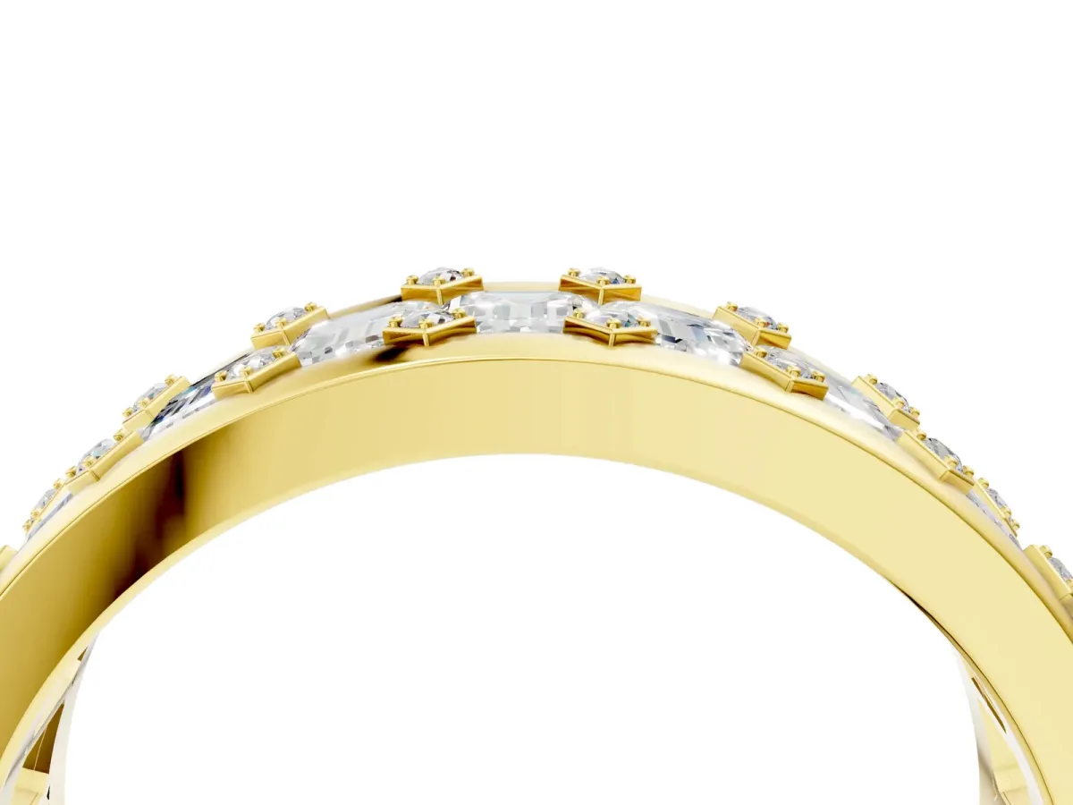 Emerald Cut and Round Diamond Eternity Mens Band Yellow gold