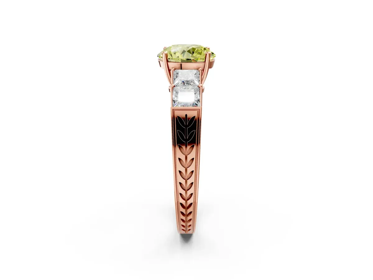 Fancy Yellow Round Cut Solitaire Princess Side Stone Engraved Band Prong Setting Ring Rose gold