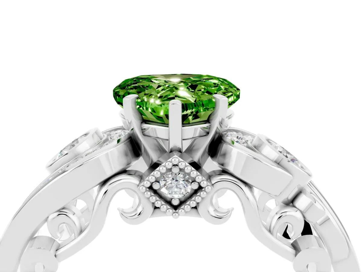 Heart Cut Peridot Solitaire Ring with Milgrain Pavé Band and Four-Prong Setting Silver