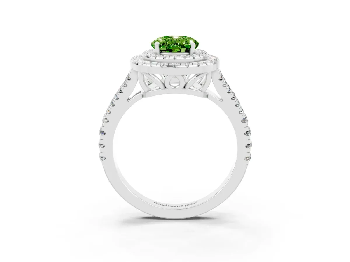 Oval Cut Peridot Double Halo Ring with Pavé Band and Prong Setting Silver